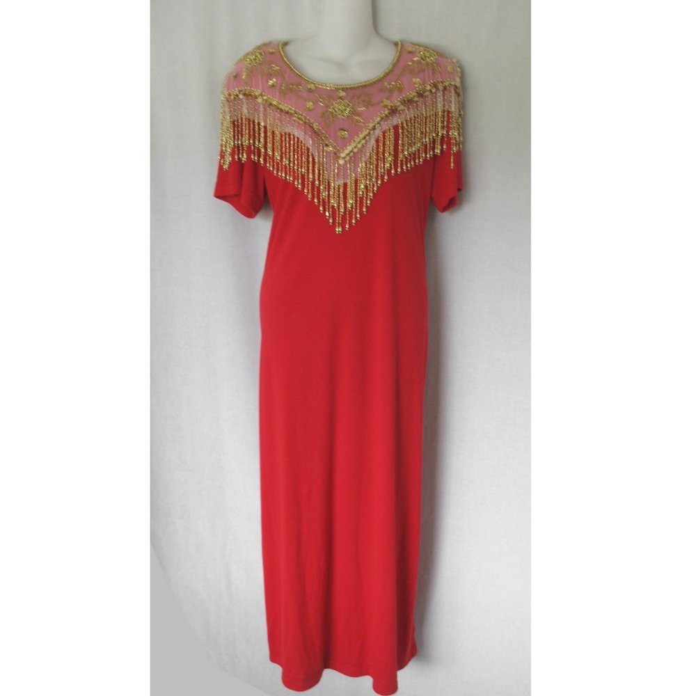 Coldwater Creek Red Dangling Bead Trim Maxi Dress Women's L